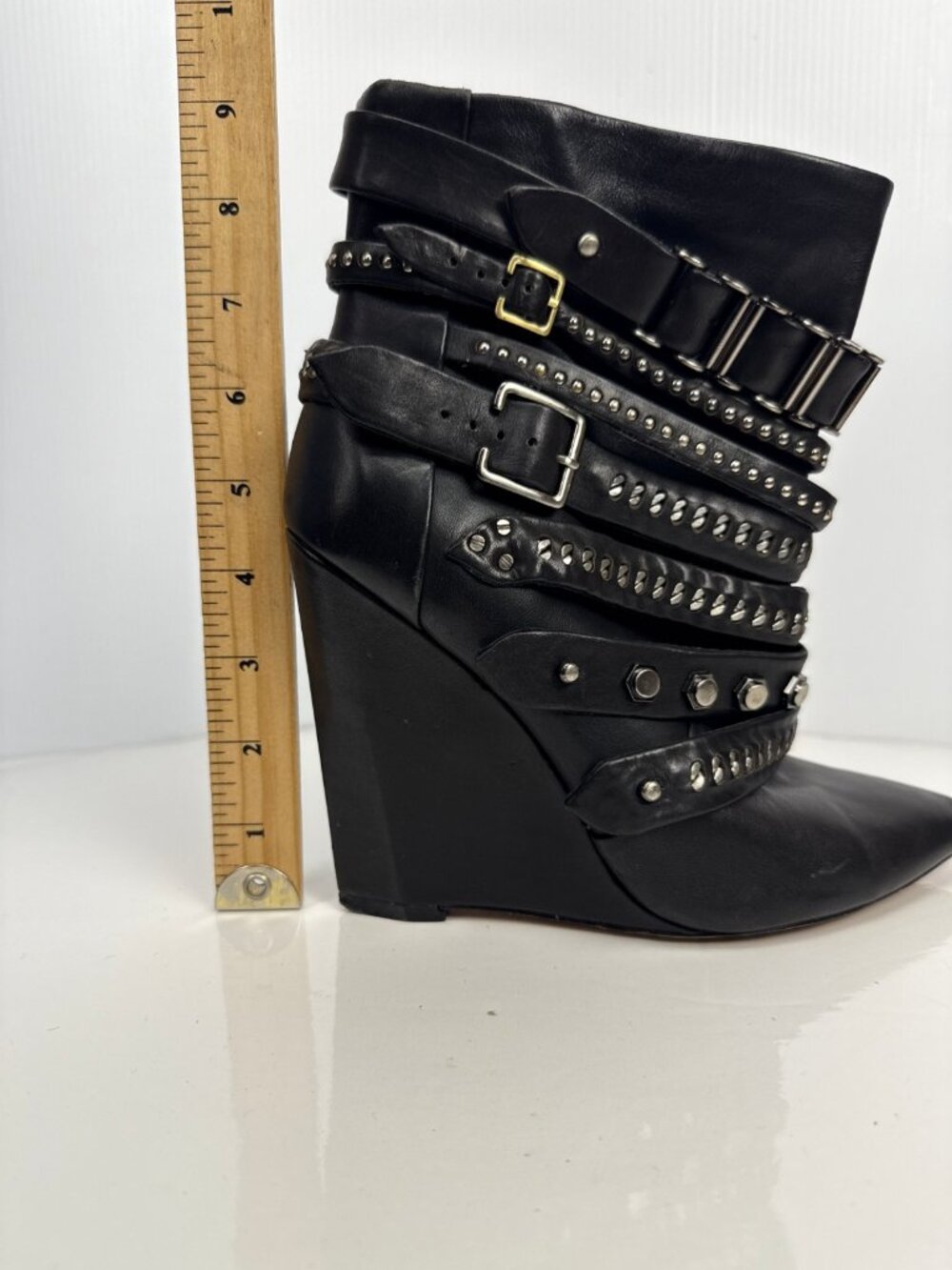 L.A.M.B. by Gwen Stefani Leather Thaker Studded Moto Wedge Ankle Boots Black 7.5 - Picture 9 of 13